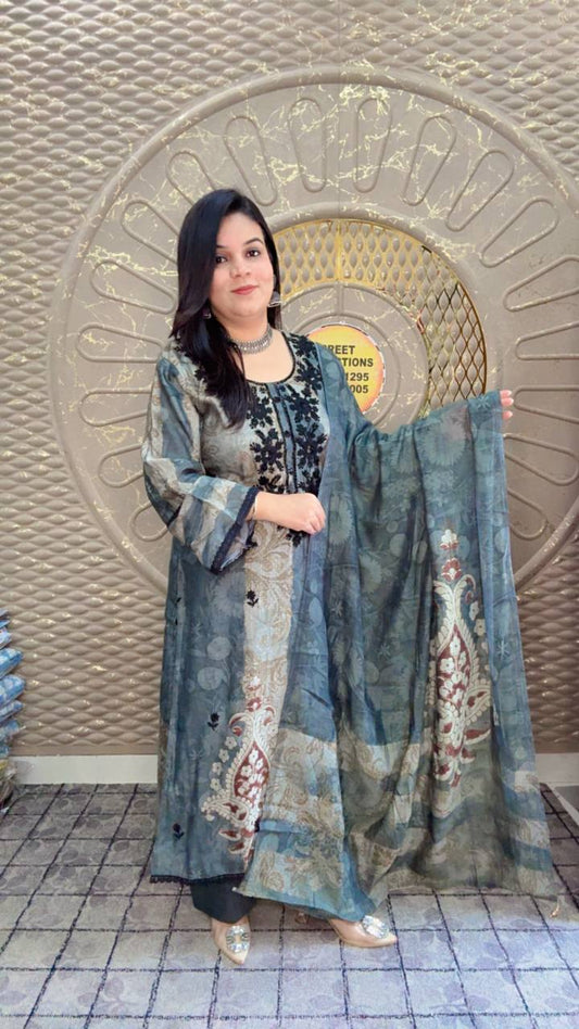 Muslin Blue And Black Embroidery Suit