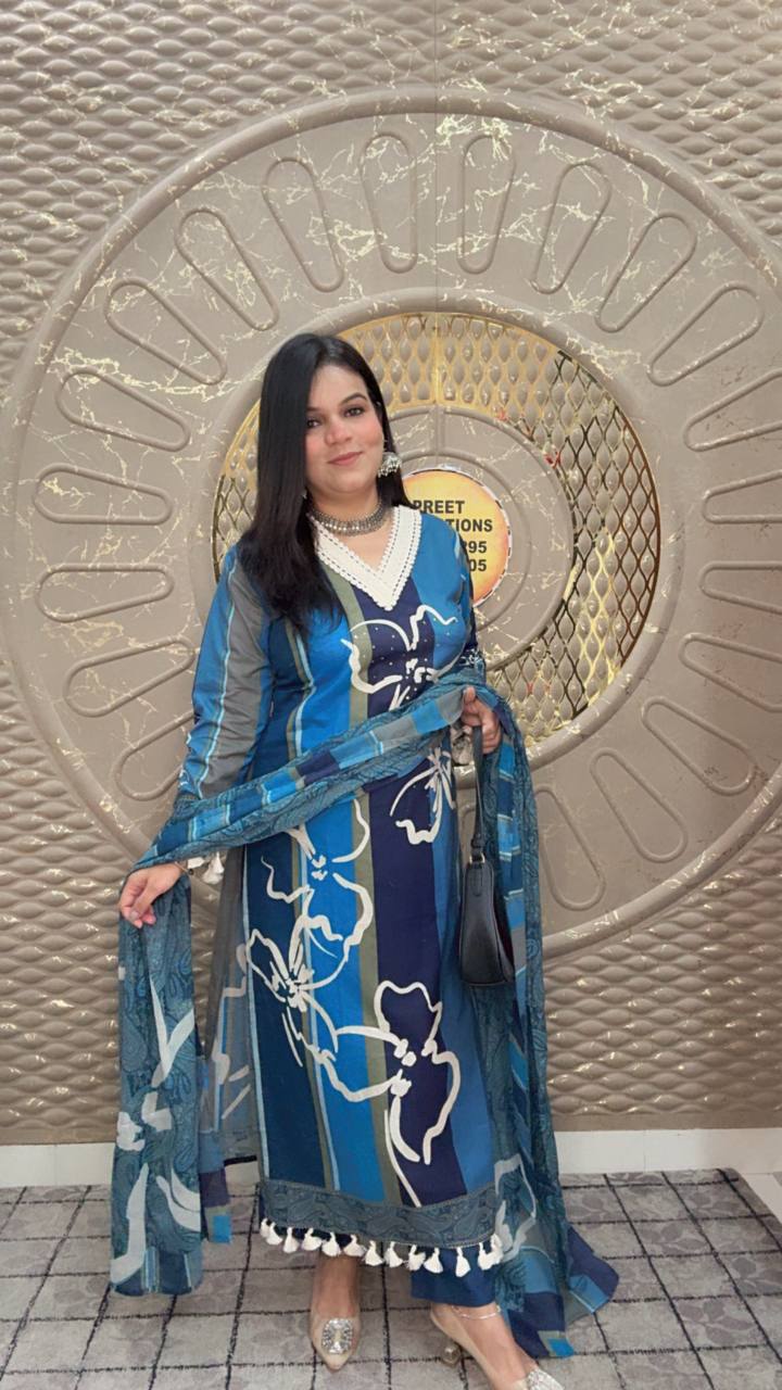 Blue Floral Print Cotton Straight Kurta Set