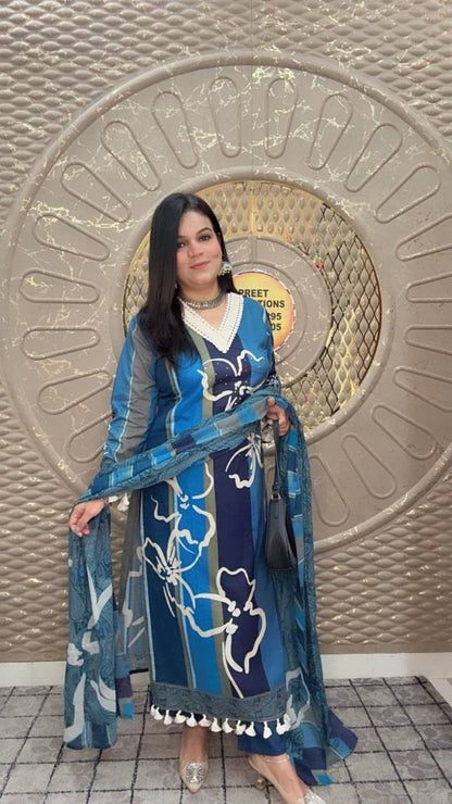 Blue Floral Print Cotton Straight Kurta Set