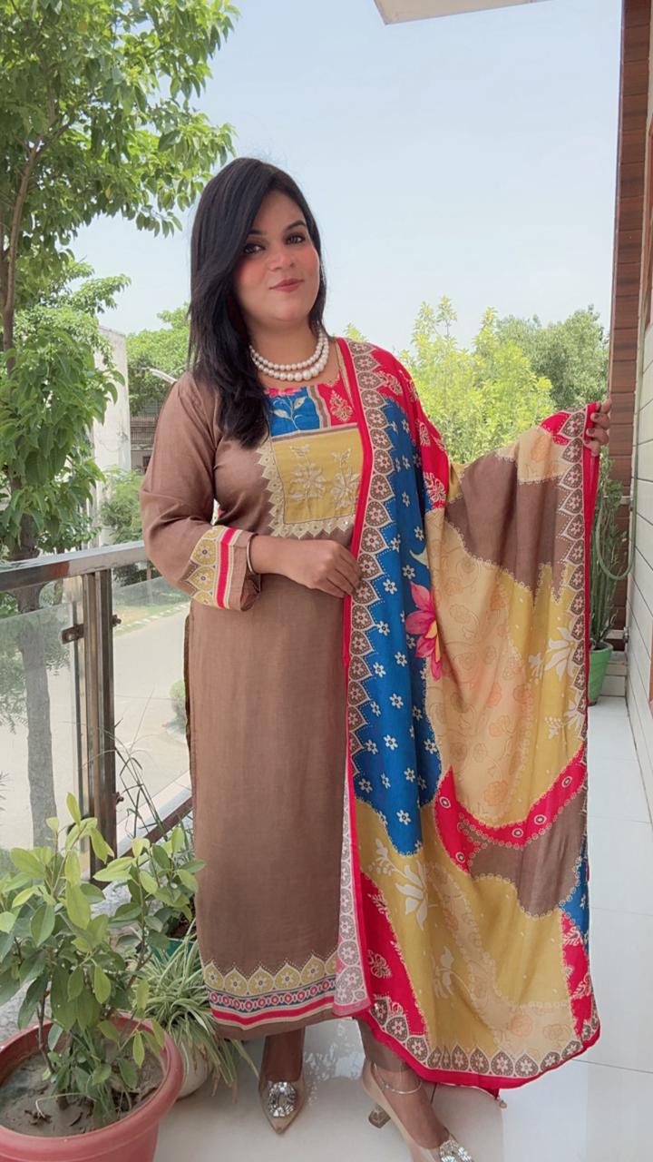 Brownish Mouse Color With Multi-colored Dupatta