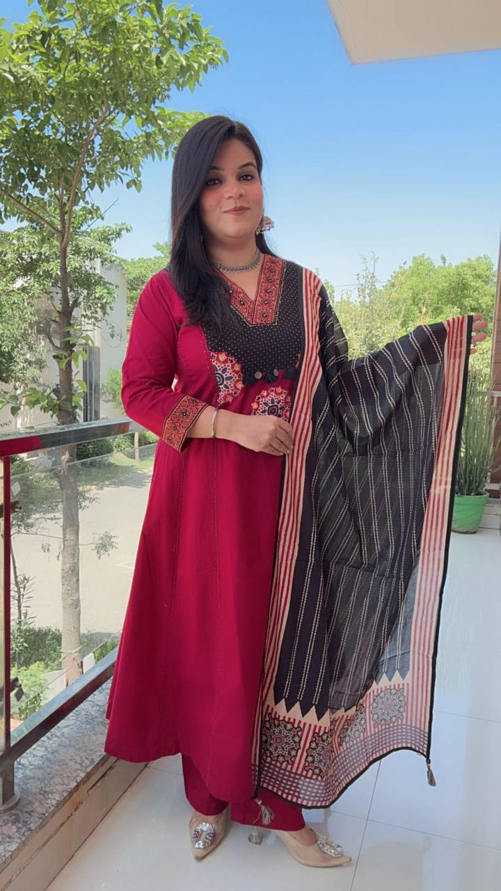 Maroon And Black Cotton Anarkali
