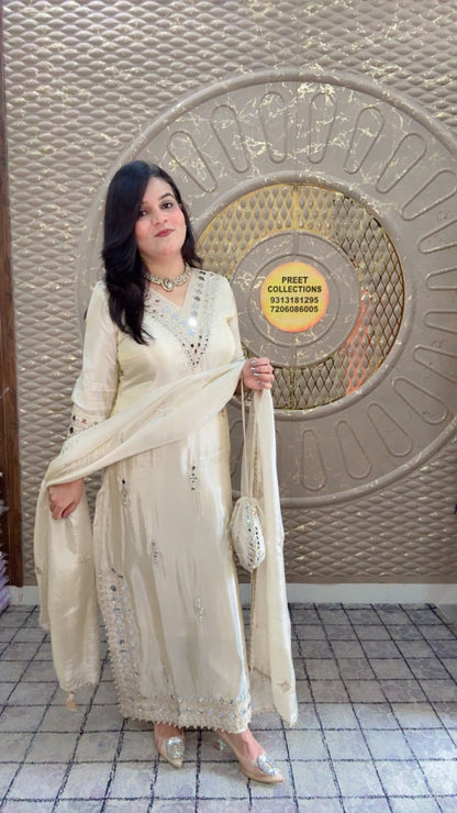 Cream Shimmer Silk Suit