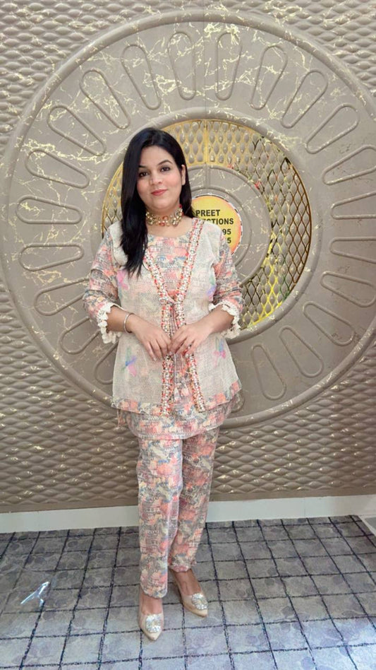 Multi-colored Floral Printed Co- ord Set With Shell Lace Details.