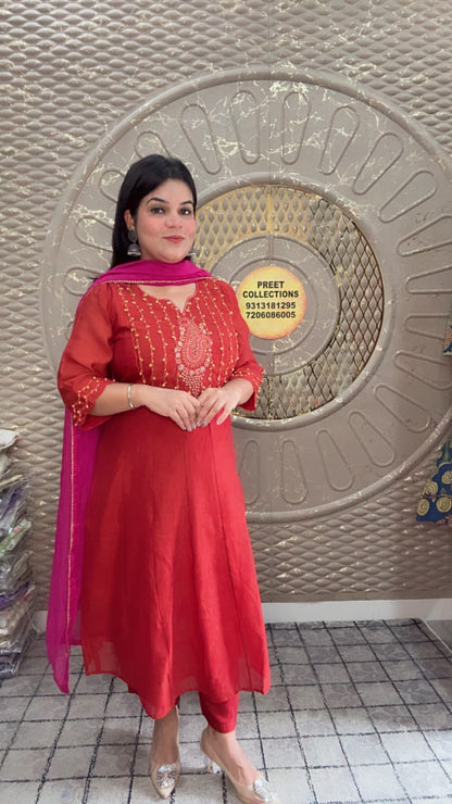 Red Anarkali Map Cotton Suit