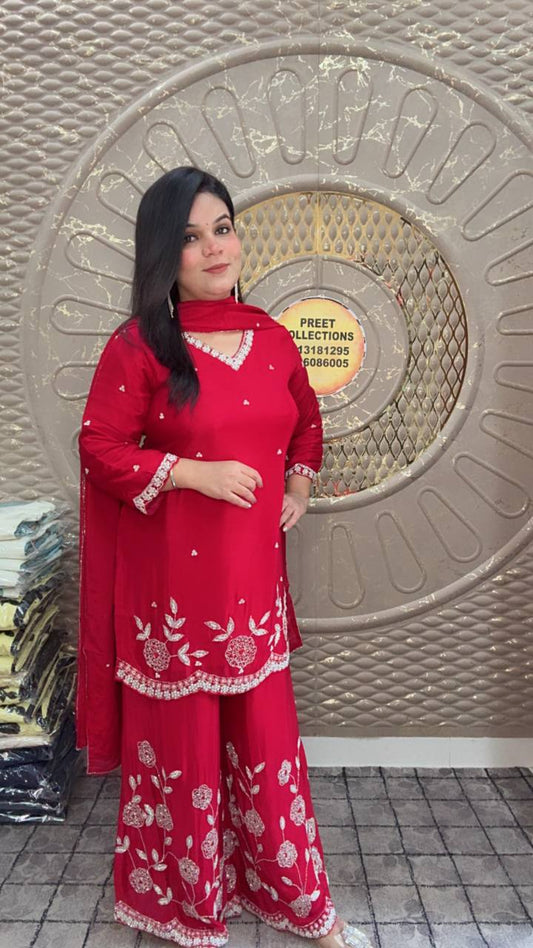 Red Chinnon Silk Kurta With Hand Work Embroidery On Pants