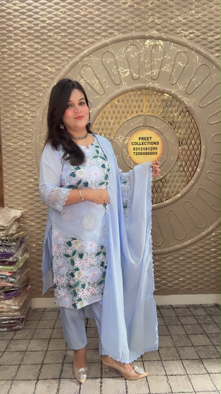 Mal Silk Blue Floral Embroidered