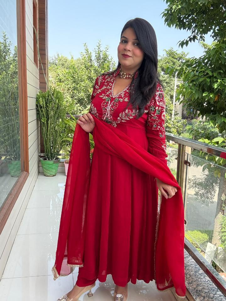 Bright Red Chinnon Handwork Anarkali Suit