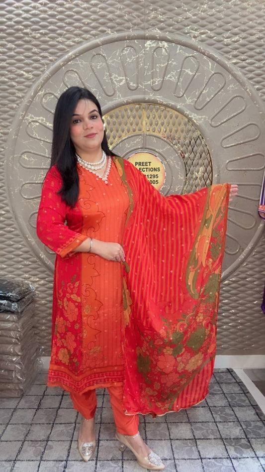 Orange Chinnon Suit With Floral Printed Dupatta Set