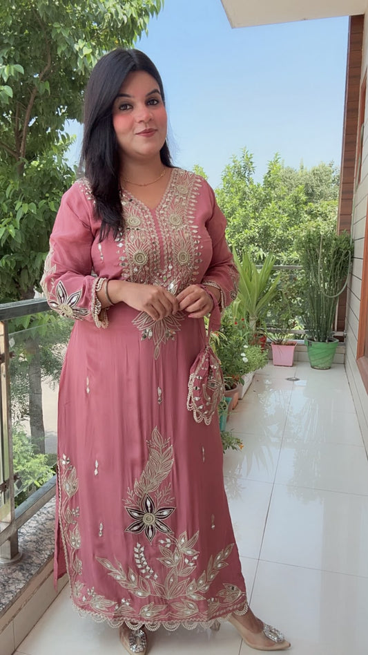 Pink Crepe With Gold Embroidery And Mirror Work