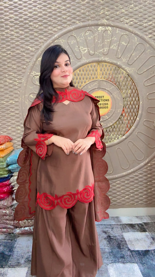 Brown Cotton Silk With Swirl Embroidered Suit