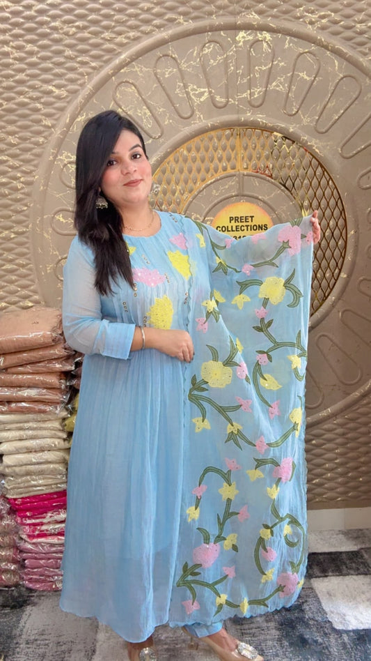 Blue Anarkali Mal Cotton Suit