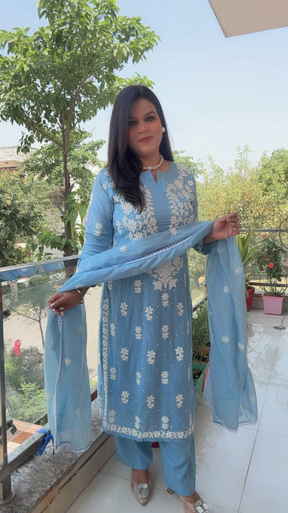 Map Cotton  Sky Blue Embroidered Suit