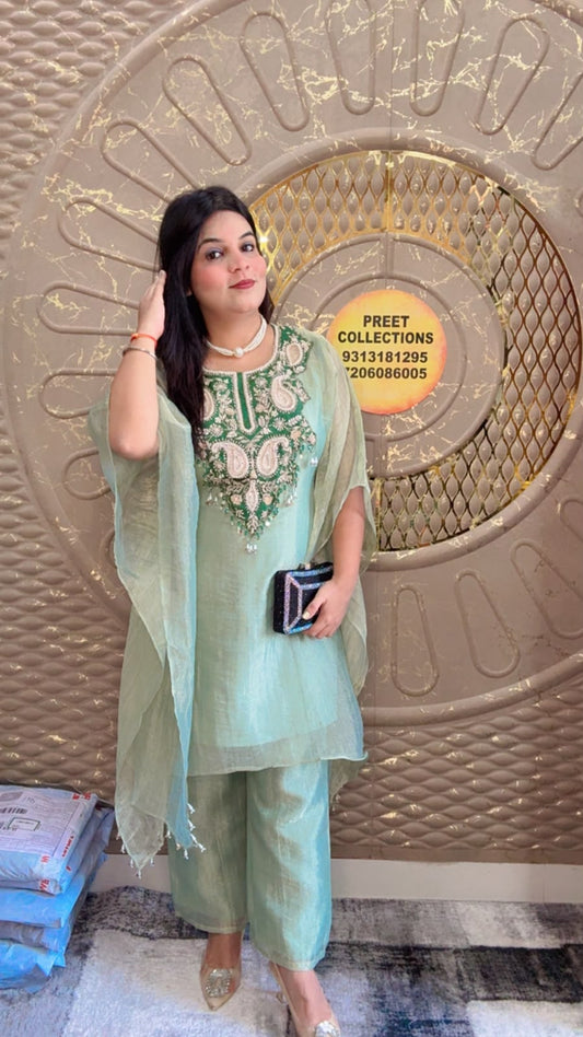 Sage Green Kaftan Crush Shimmer Organza