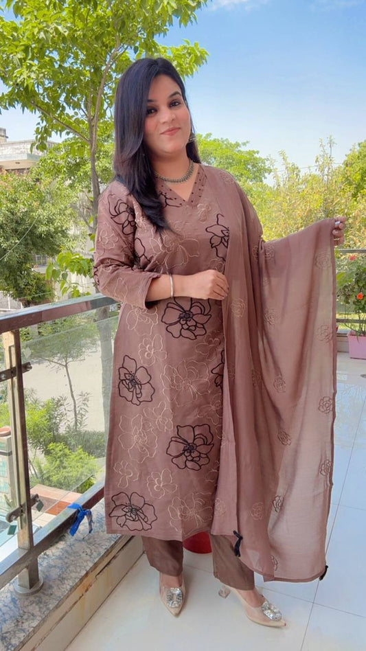 Brown Large Floral Embroidered Suit