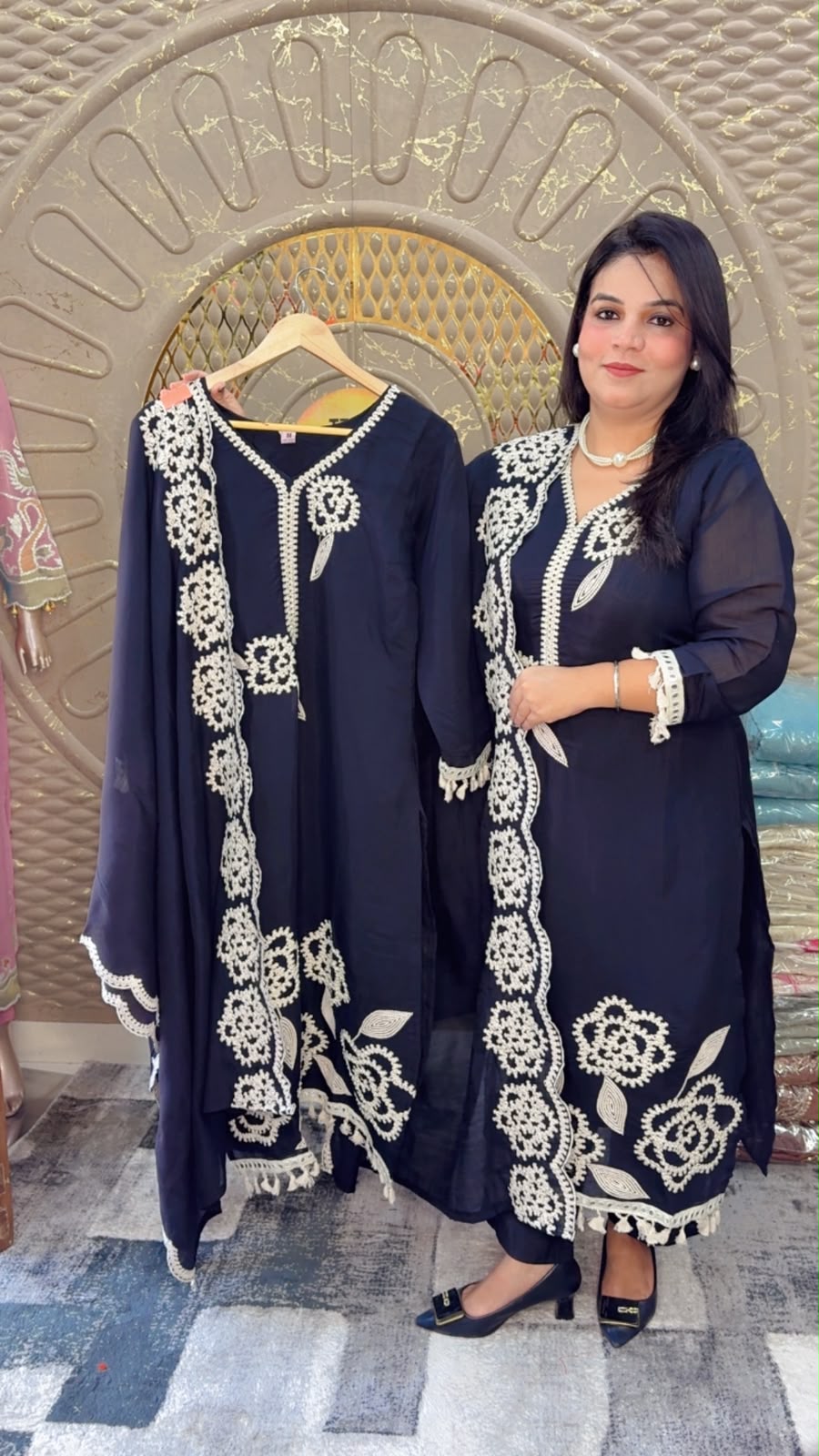 Dark Blue Crush Cotton Organza Silk Suit