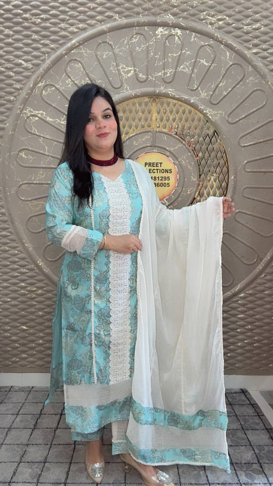Sky Blue And White Cotton Blend Kurta Set Featuring Floral Print And White Lace Detailing