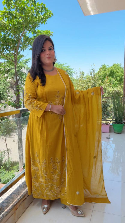 Mustard Yellow Mal Cotton Anarkali Kurtq Set