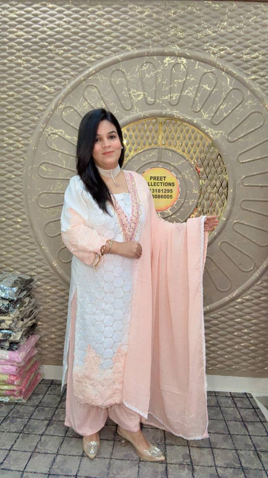 Peach and white Schiffli Suit Set