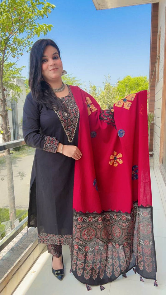 Black Cotton Printed Suit With Red Dupatta