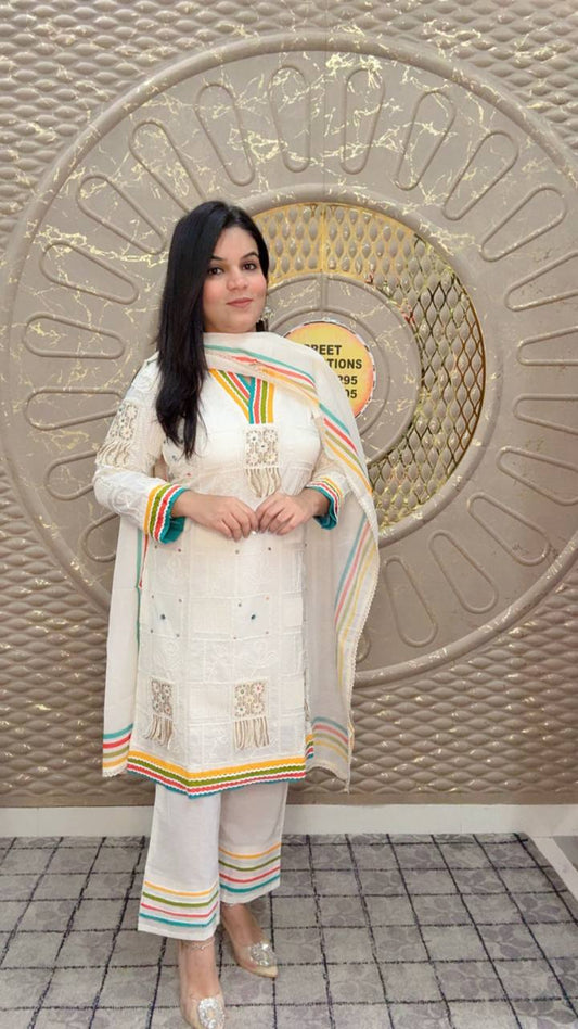 White Cotton Embroidered Kurta With Colorful Stripes Dupatta