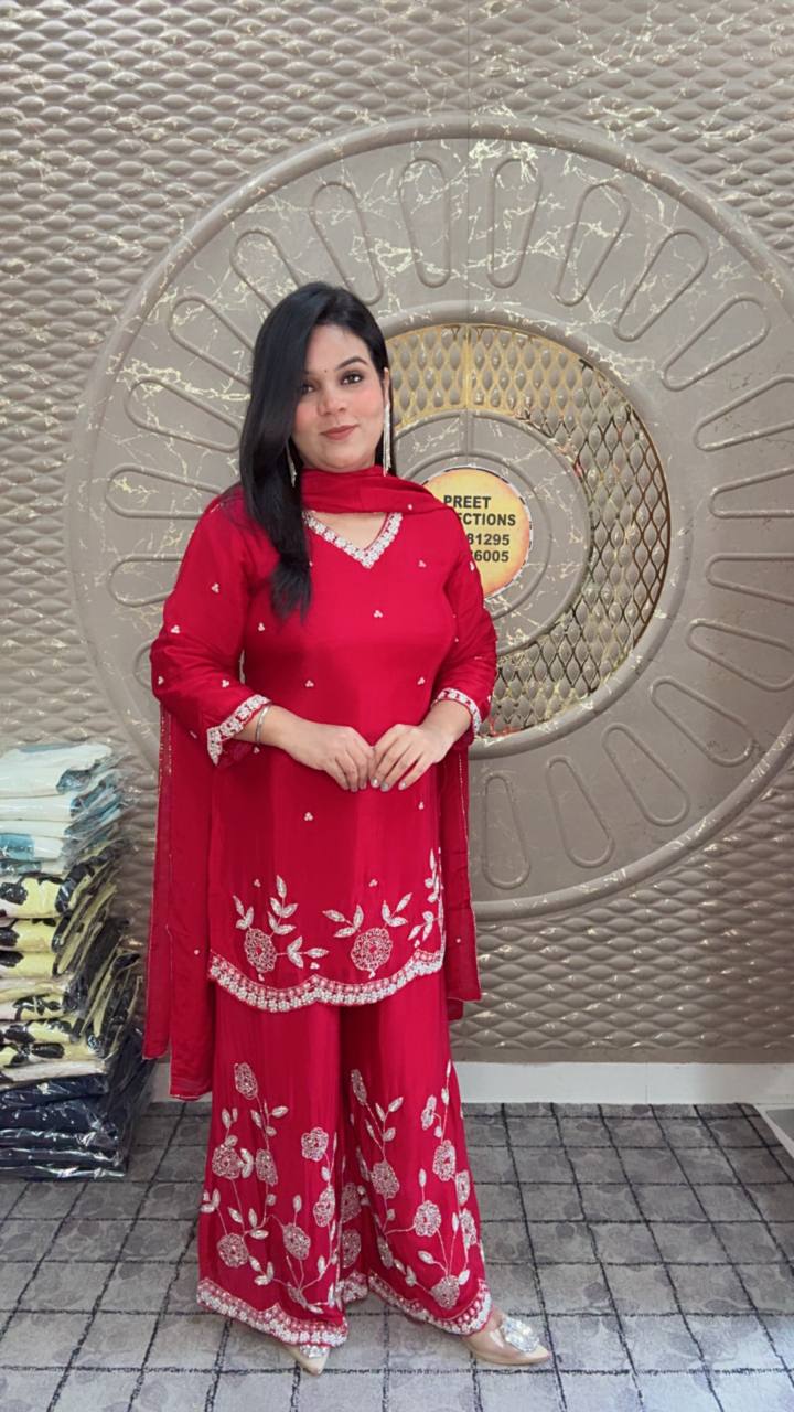 Red Chinnon Silk Kurta With Hand Work Embroidery On Pants