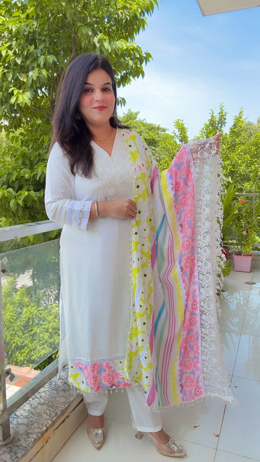 White Cotton Muslin With Multicolor Dupatta