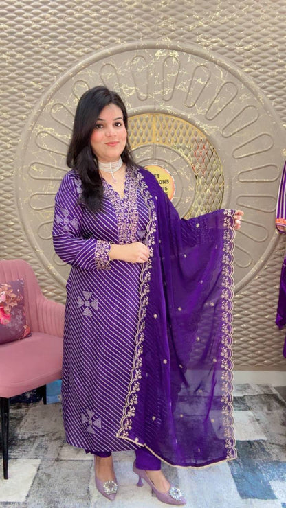 Purple Russian Silk Bandhani Printed kurta Set with Gotta Patti