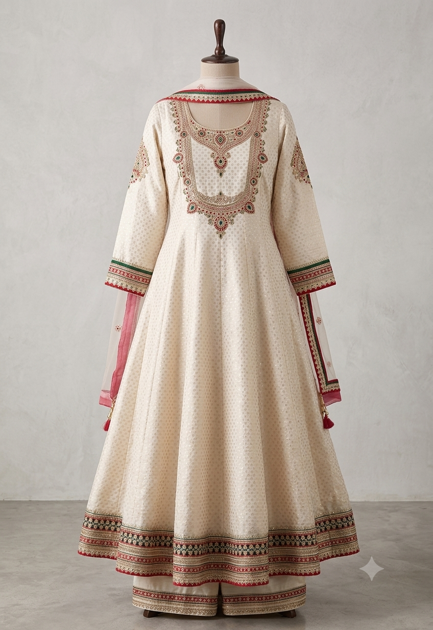 White Anarkali Tissue Shimmer Silk