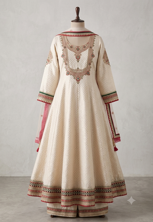 White Anarkali Tissue Shimmer Silk