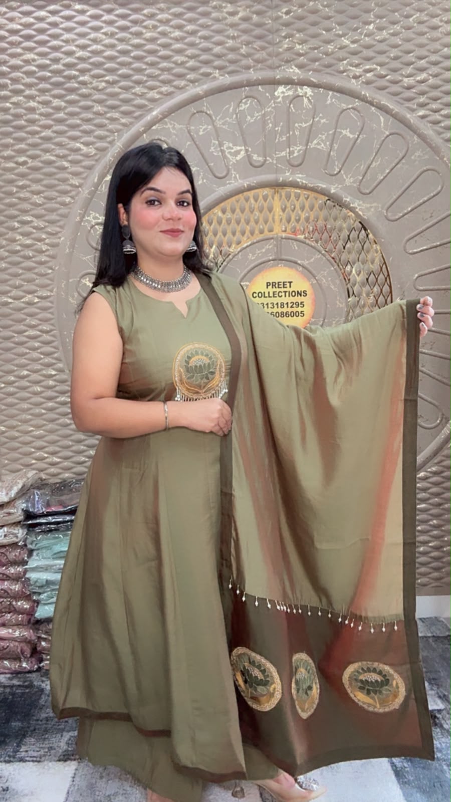 Olive Green Mal Silk  Anarkali Suit