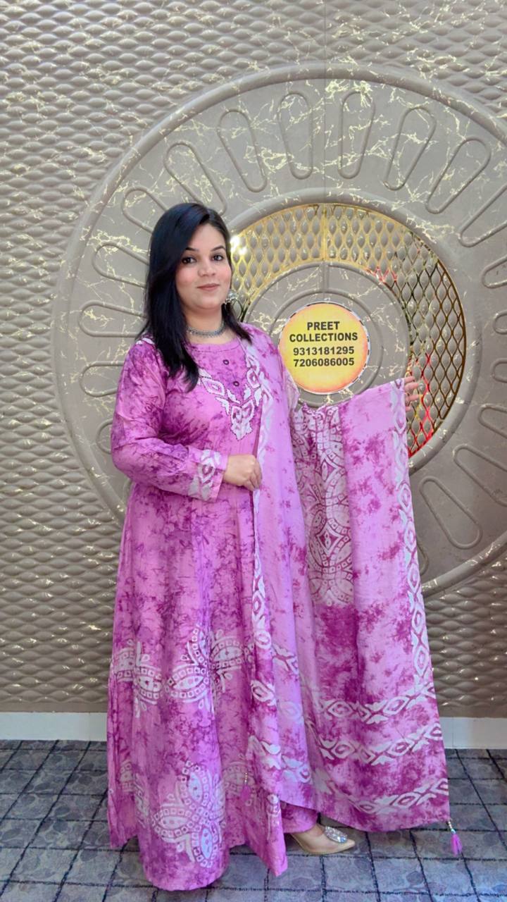 Deep Lavender Muslin Anarkali Suit with Embroidered Neckline