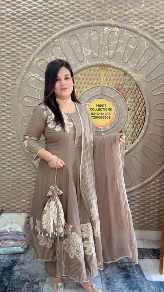 Brown Banarasi Cotton Anarkali Suit