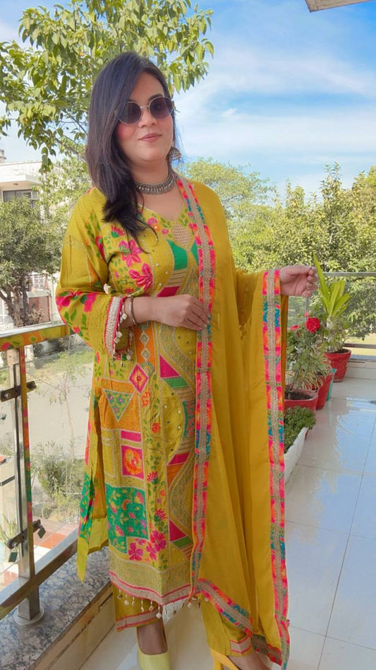 Mustard yellow Cotton Three piece suit