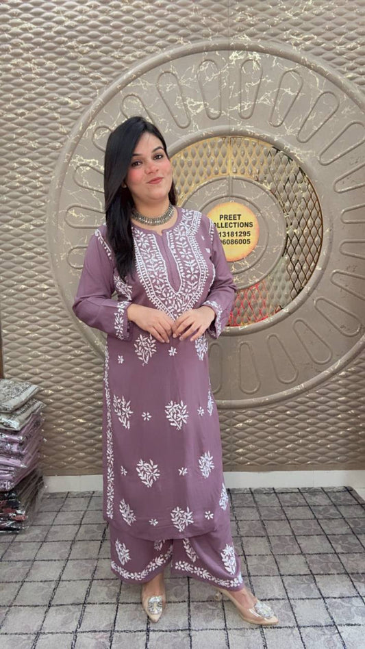 Lavender Cotton Rayon With Hand Embroidered Straight Kurta Set