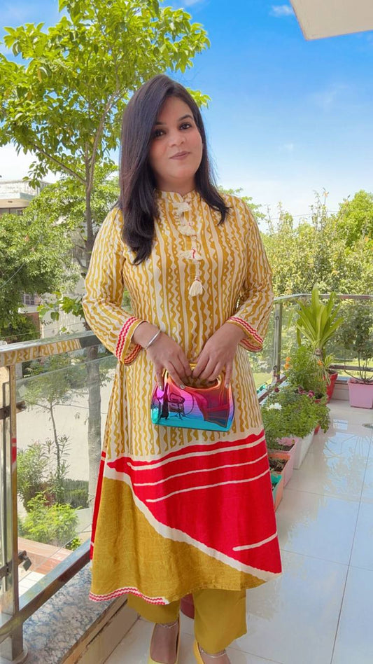 Mustard White Crepe Printed Suit