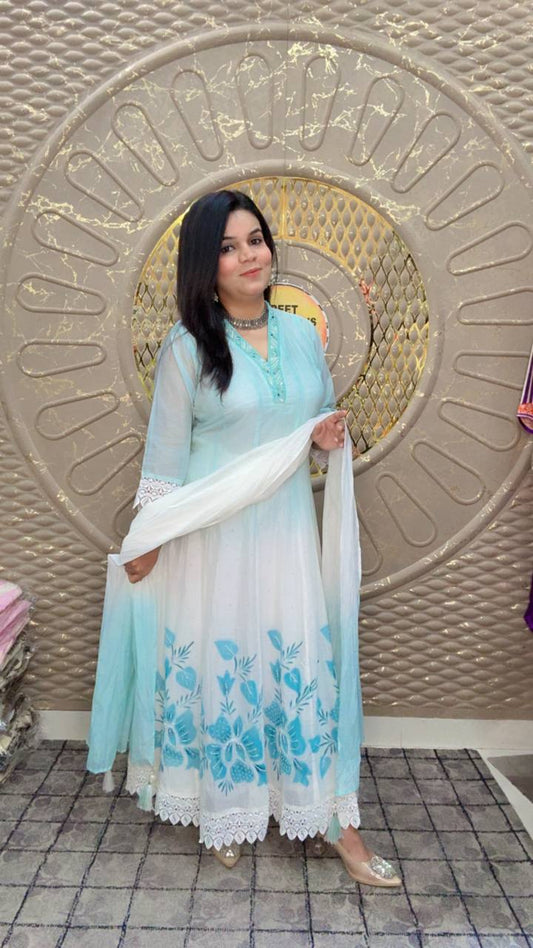 White And Pastel Aqua Anarkali With Embroidery