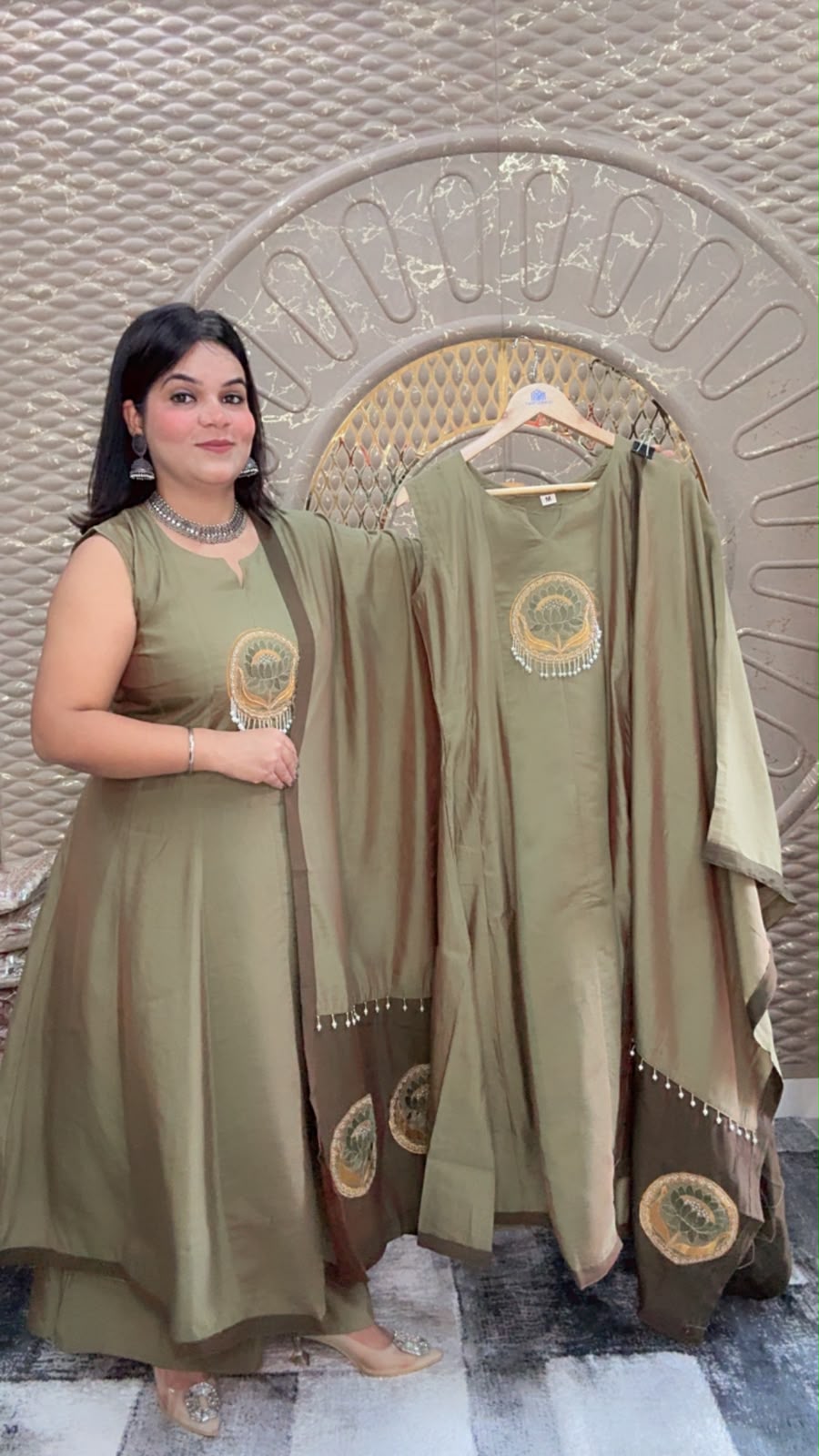 Olive Green Mal Silk  Anarkali Suit