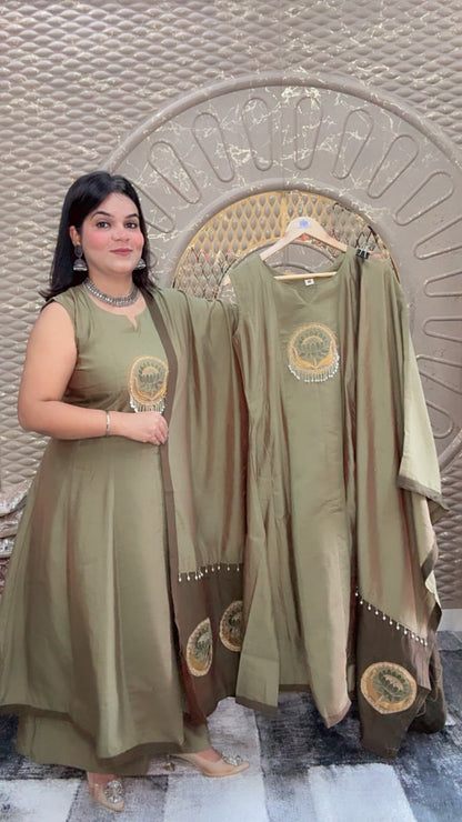 Olive Green Mal Silk  Anarkali Suit