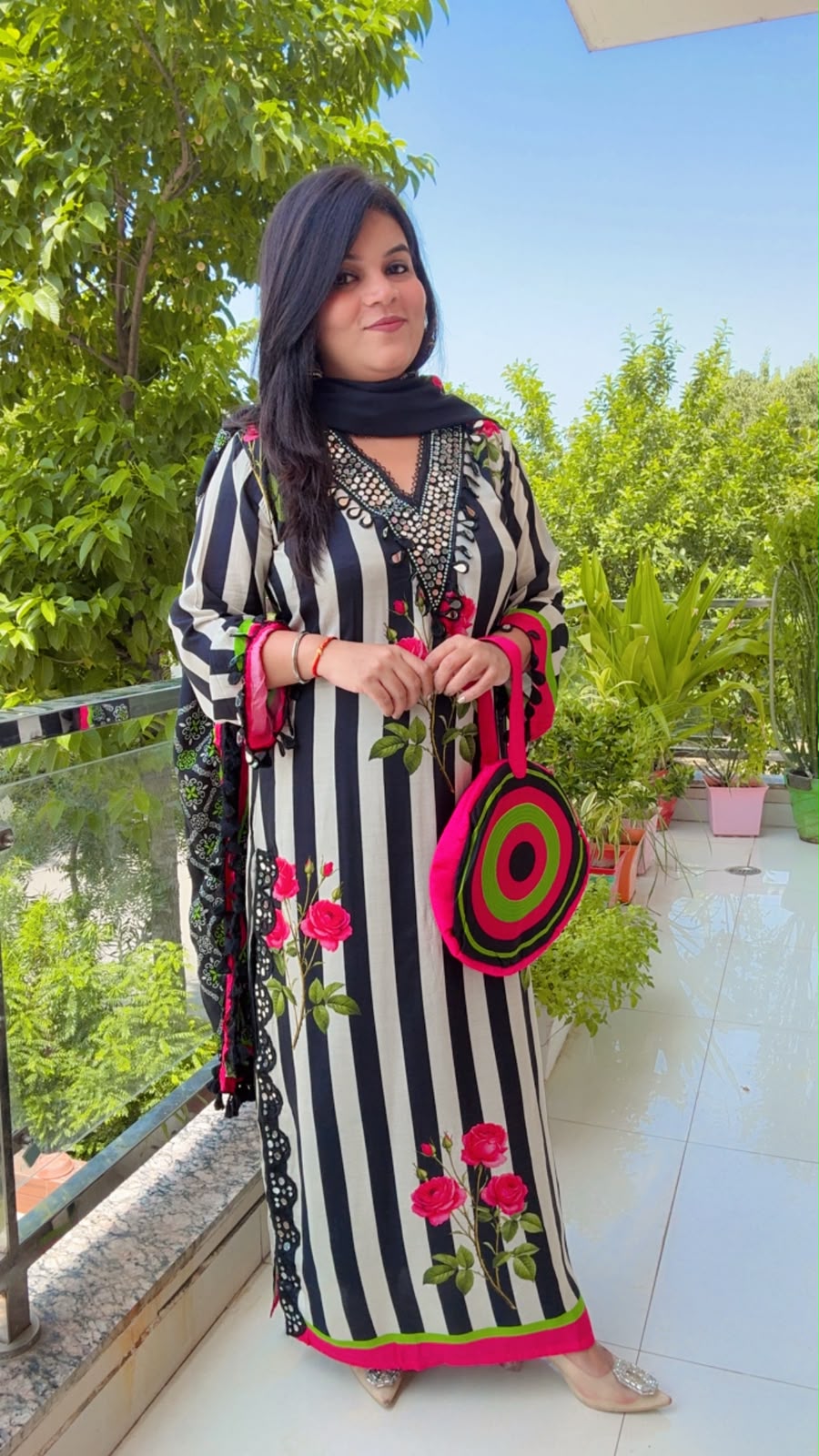 Muslin Black And White Strips With Floral Print