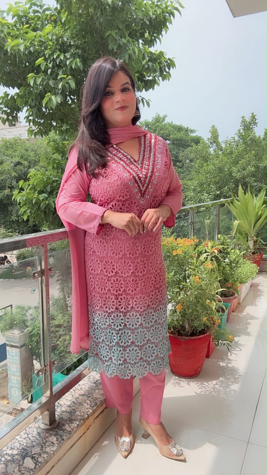 Pink And Grey Patterned Crochet Cotton Suit