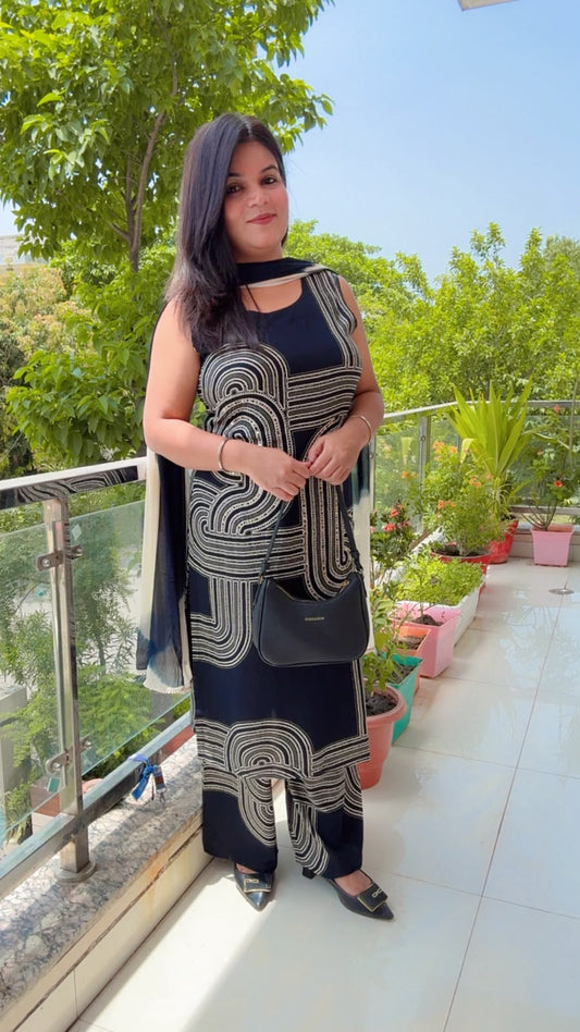 Black Rayon Printed Suit
