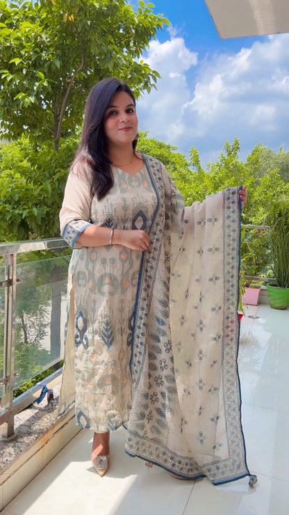 Cream and Blue Linen Silk suit