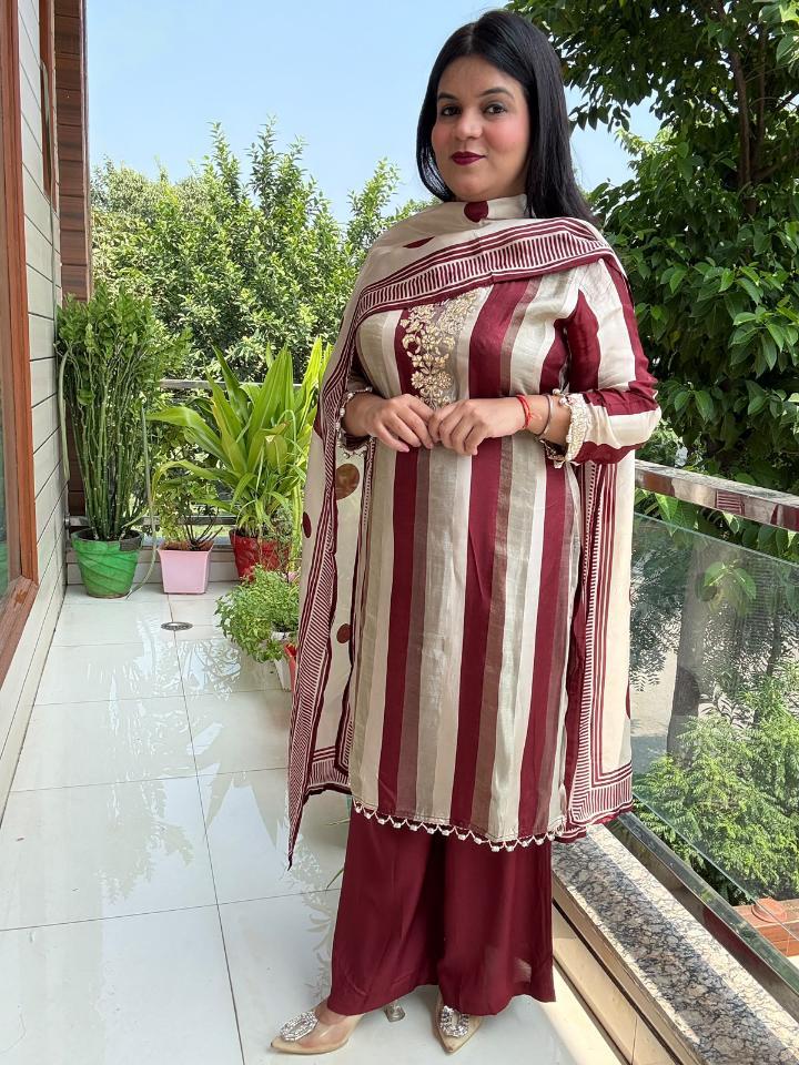 Beige And Brown Striped Crepe Suit