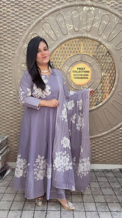 Cotton lavender Anarkali kurta set featuring detailed white floral embroidery.