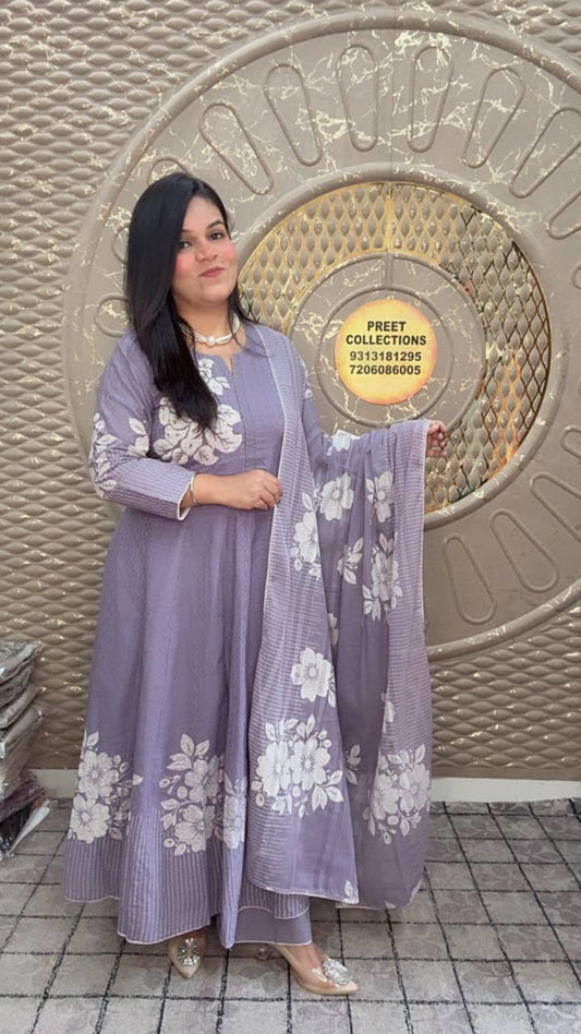 Cotton lavender Anarkali kurta set featuring detailed white floral embroidery.