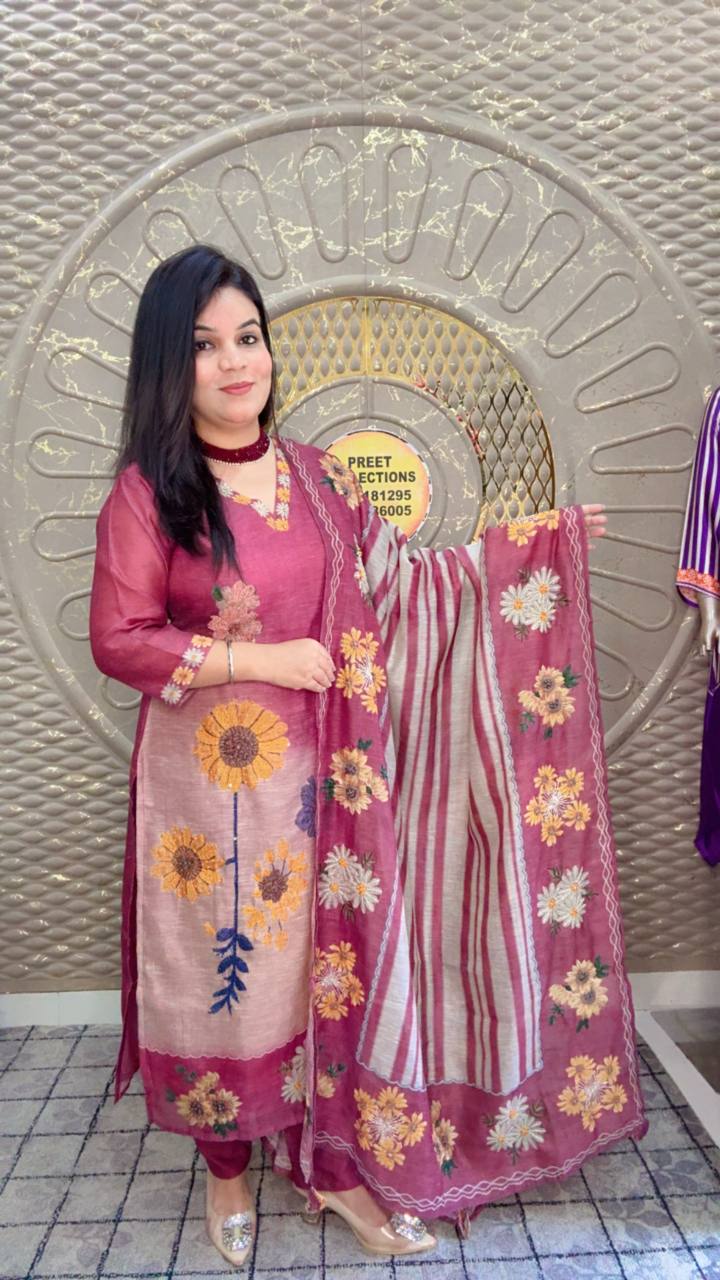 Desi Sandook Camila Qine Cotton Linen Embroidered Suit Set