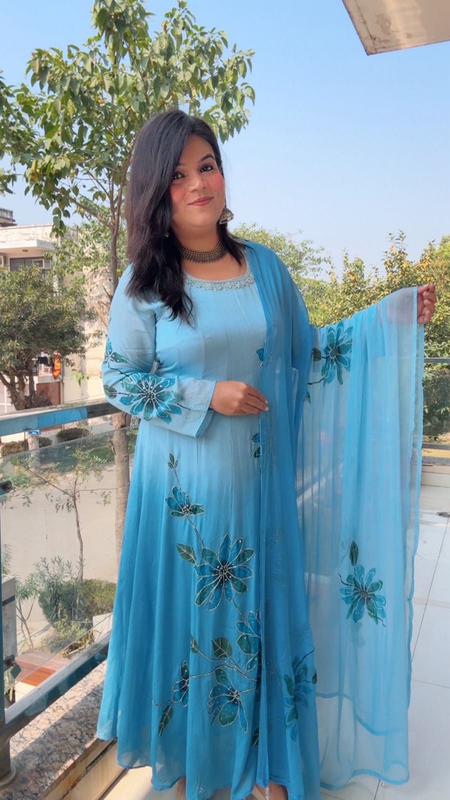 Powder blue Anarkali Chinnon suit