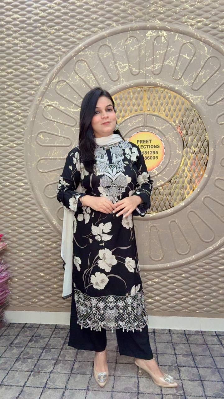 Black Printed Rayon Suit