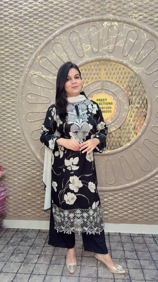 Black Printed Rayon Suit