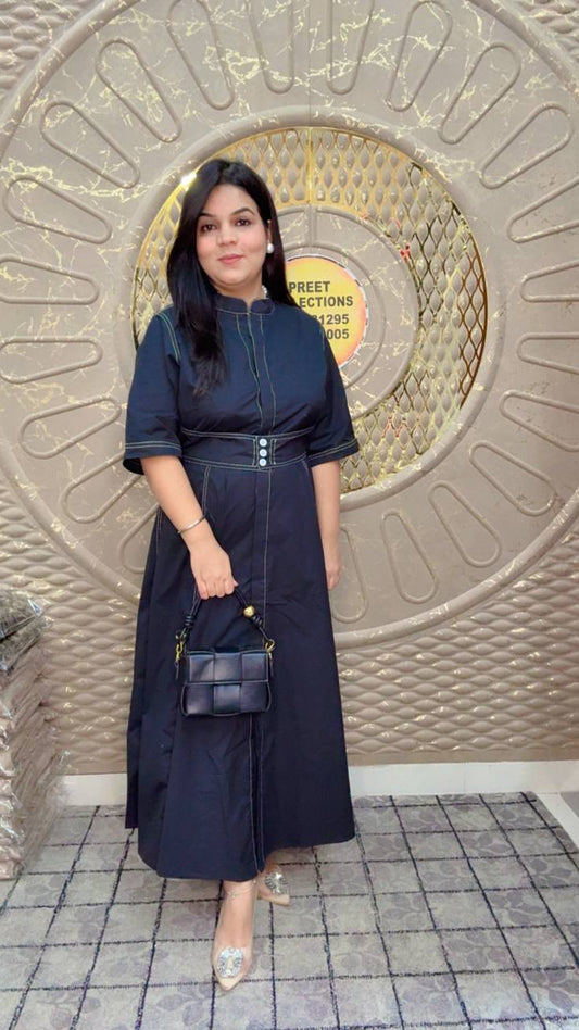Dark Blue Ankle Length Denim Style Cotton Dress